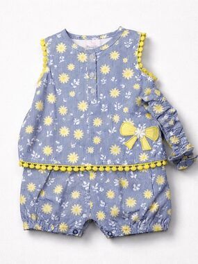 Princess Rose blue and white stripe with yellow accent bubble romper & headband